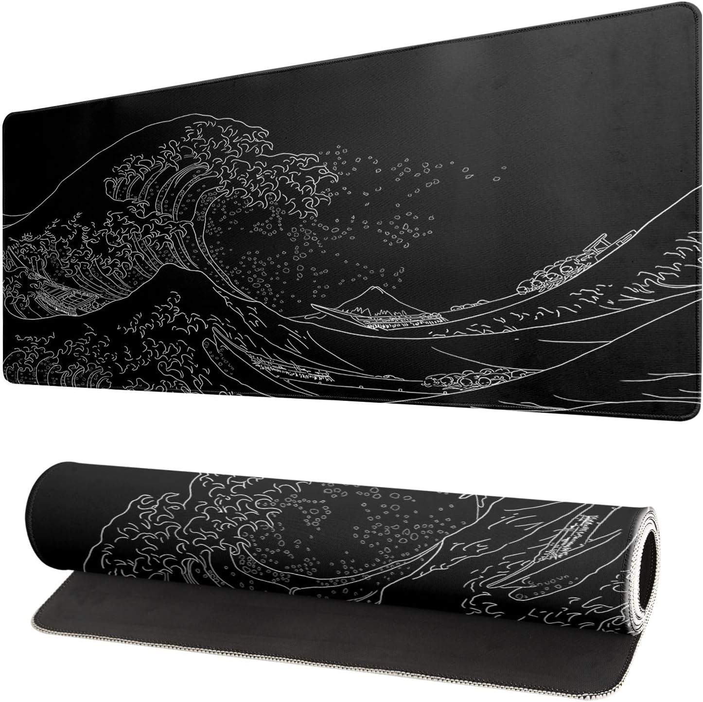 Japanese Sea Wave Large Mouse Pad. Anime Black Gaming. Extended Kanagawa Mat Desk Pad. 3mm Thick Long Non-Slip Rubber Base Mice Pad. 31.5 X 11.8 Inch